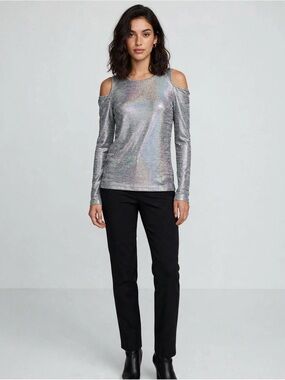 MICHAEL KORS SILVER METALLIC COLD SHOULDER TOP
